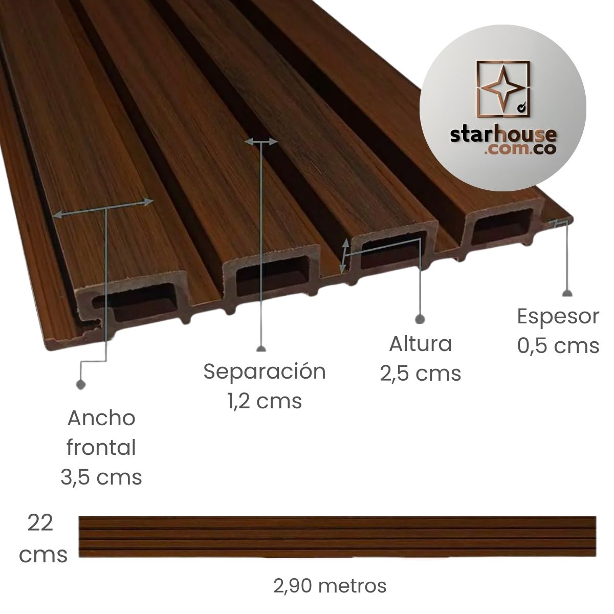 Panel WPC Exterior – Panel Ripado 22 cms x 2.90 mts - Imagen 2