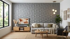 Comprar Panel 3D Roca PU Colombia: Modern living room with stylish, textured 3D wall panels.