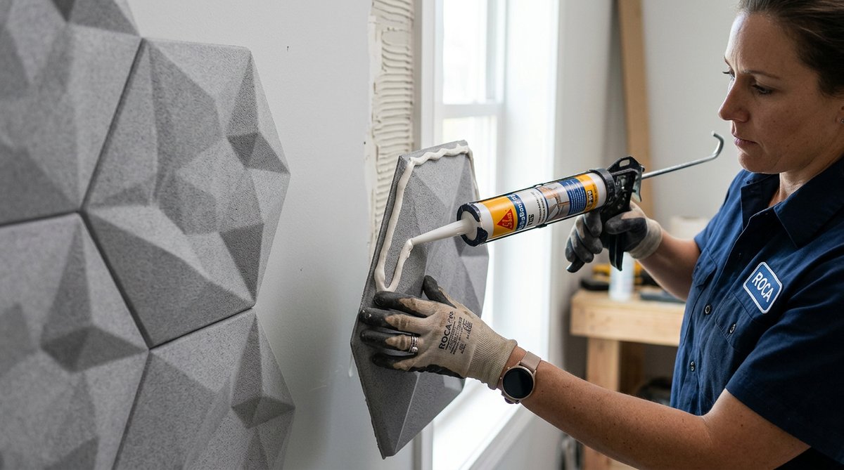 Comprar Panel 3D Roca PU Colombia: Close-up of panel installation, adhesive application and precise positioning.