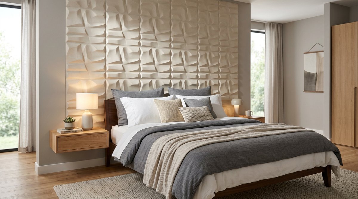 Comprar Panel 3D Roca PU Colombia: Modern textured headboard design in bedroom.