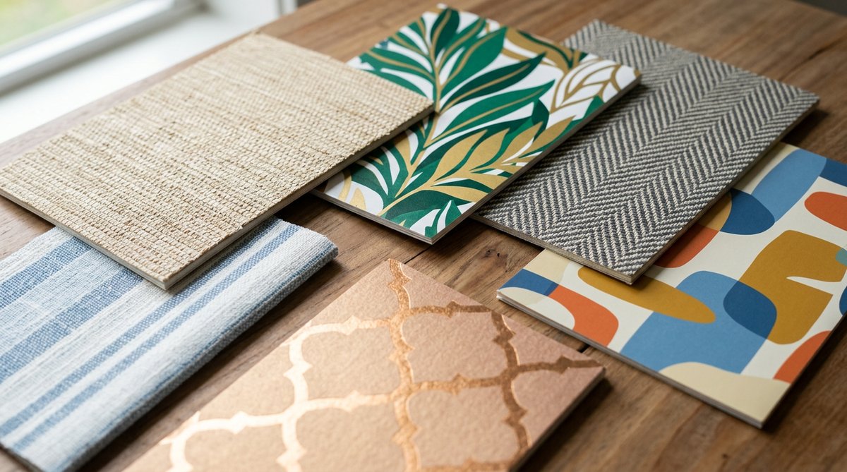 Dónde comprar Papel tapiz adhesivo: Close-up of textured wallpaper samples in various colors and materials.