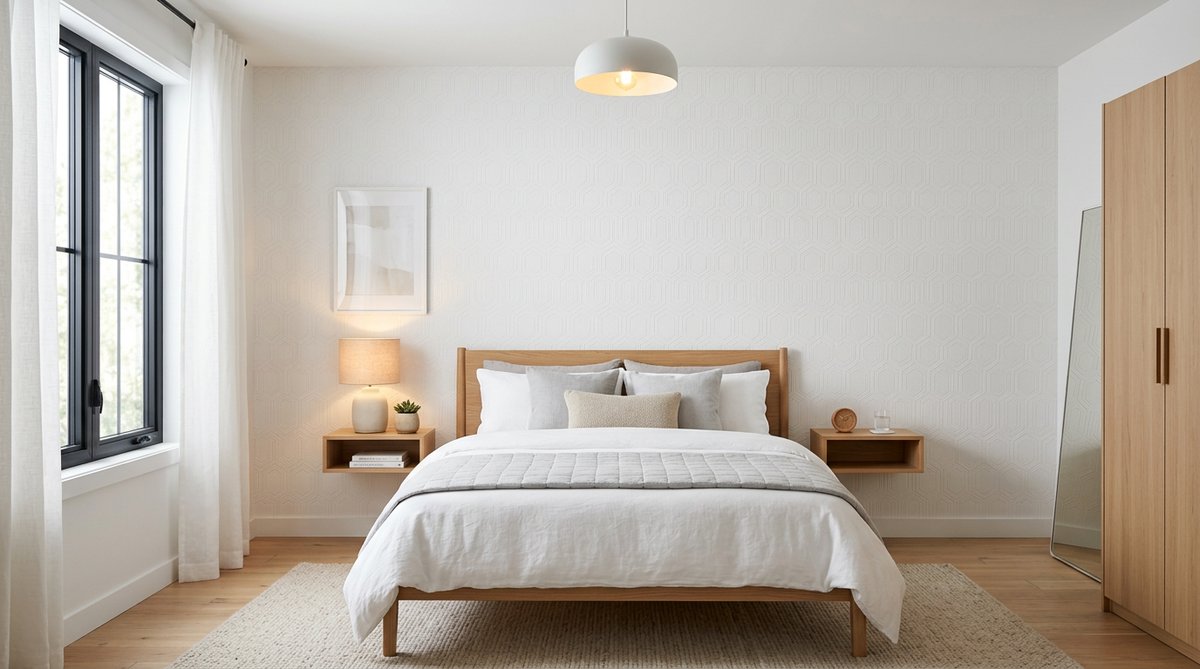 Dónde comprar Papel tapiz adhesivo: Modern bedroom with white adhesive wallpaper, minimalist furniture, soft lighting.