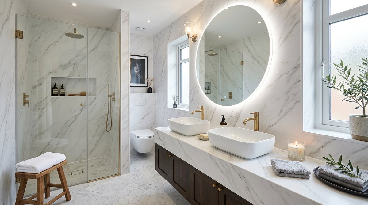 Lámina Marmolizada PVC oferta: Modern bathroom with marble PVC sheets on walls & countertop. Sleek design.