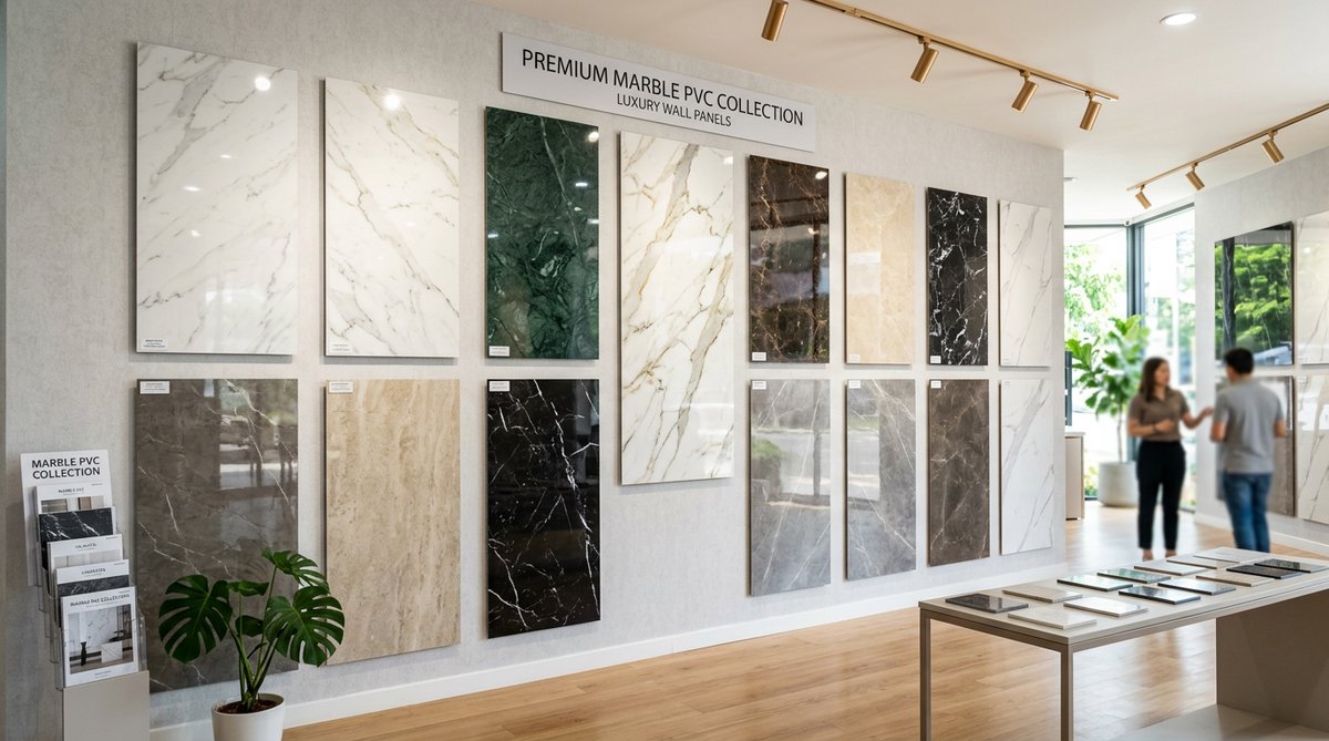 Lámina Marmolizada PVC oferta: Marble PVC sheets in showroom. Colors, patterns & finishes.