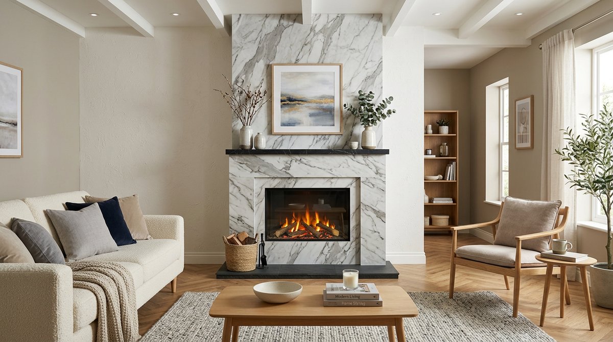 Lámina Marmolizada PVC oferta: Marble-look PVC fireplace surround, living room focal point.