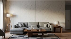 Modern living room with PVC marbleized panels on a feature wall.