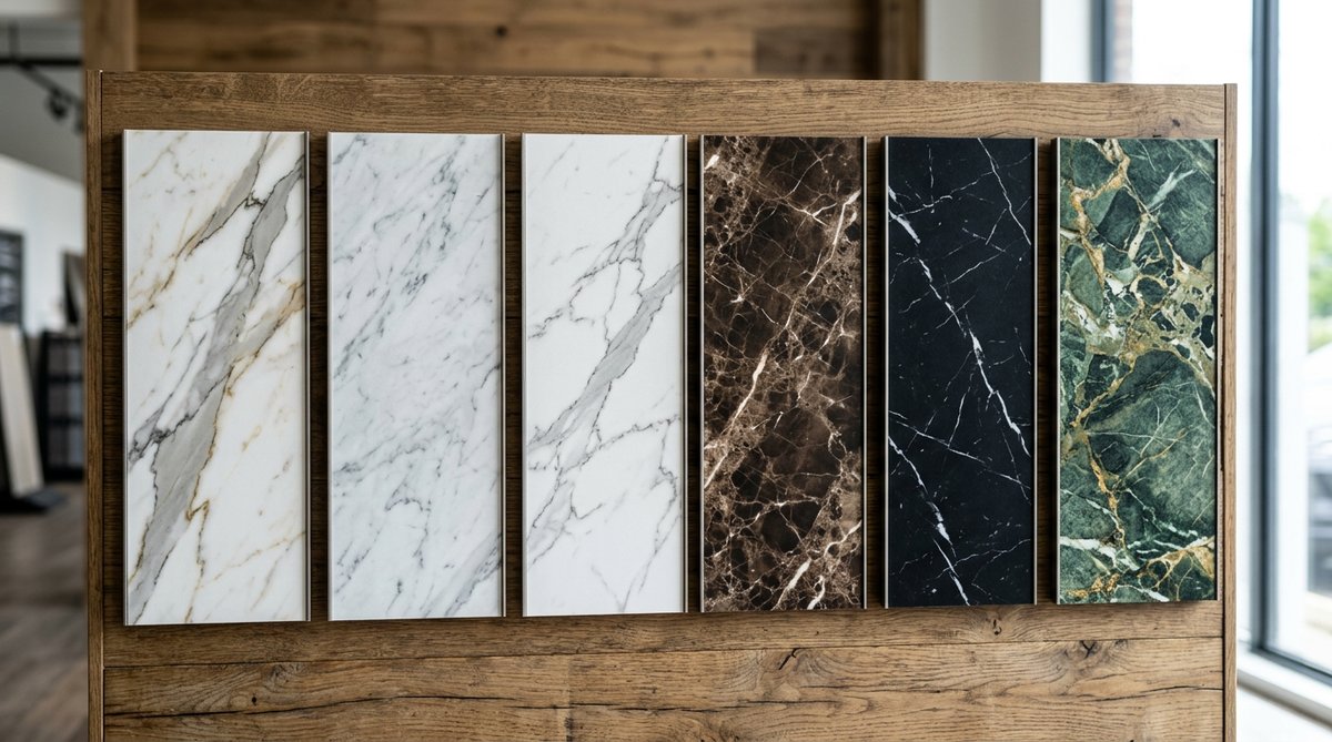 Lámina Marmolizada PVC para paredes: Close-up of varied marble-look panel textures & patterns.