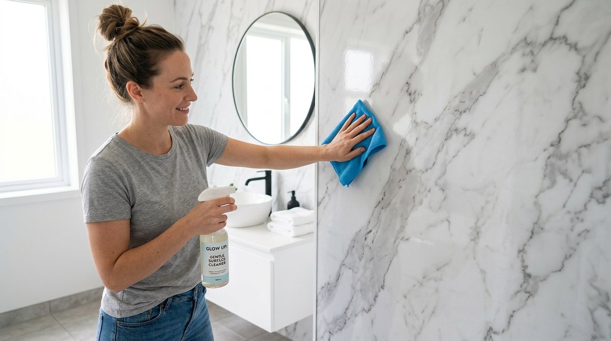 Lámina Marmolizada PVC para paredes cleaning. Easy wall panel maintenance with soft cloth and spray.