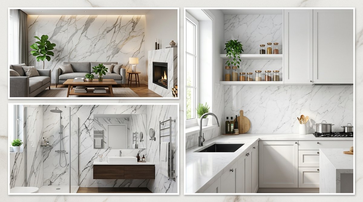 Lámina Marmolizada PVC para paredes: Living room, bathroom & kitchen interiors featuring marble-look PVC panels.