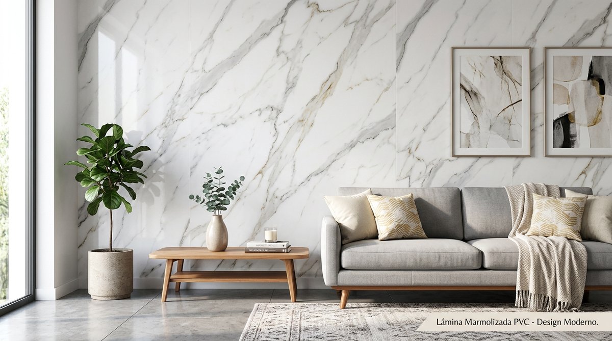 Lámina Marmolizada PVC para paredes: Modern clean design illustration.