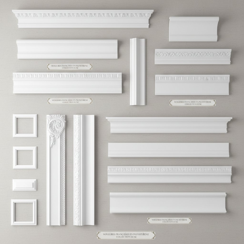 Variedad de perfiles de molduras francesas de poliestireno exhibidas en un showroom o catálogo digital, con diferentes diseño