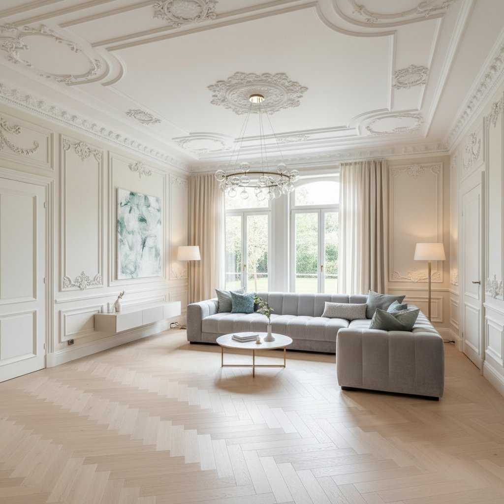 Una habitación con un diseño integral que incluye molduras de poliestireno en paredes y techos, junto con pisos SPC de madera