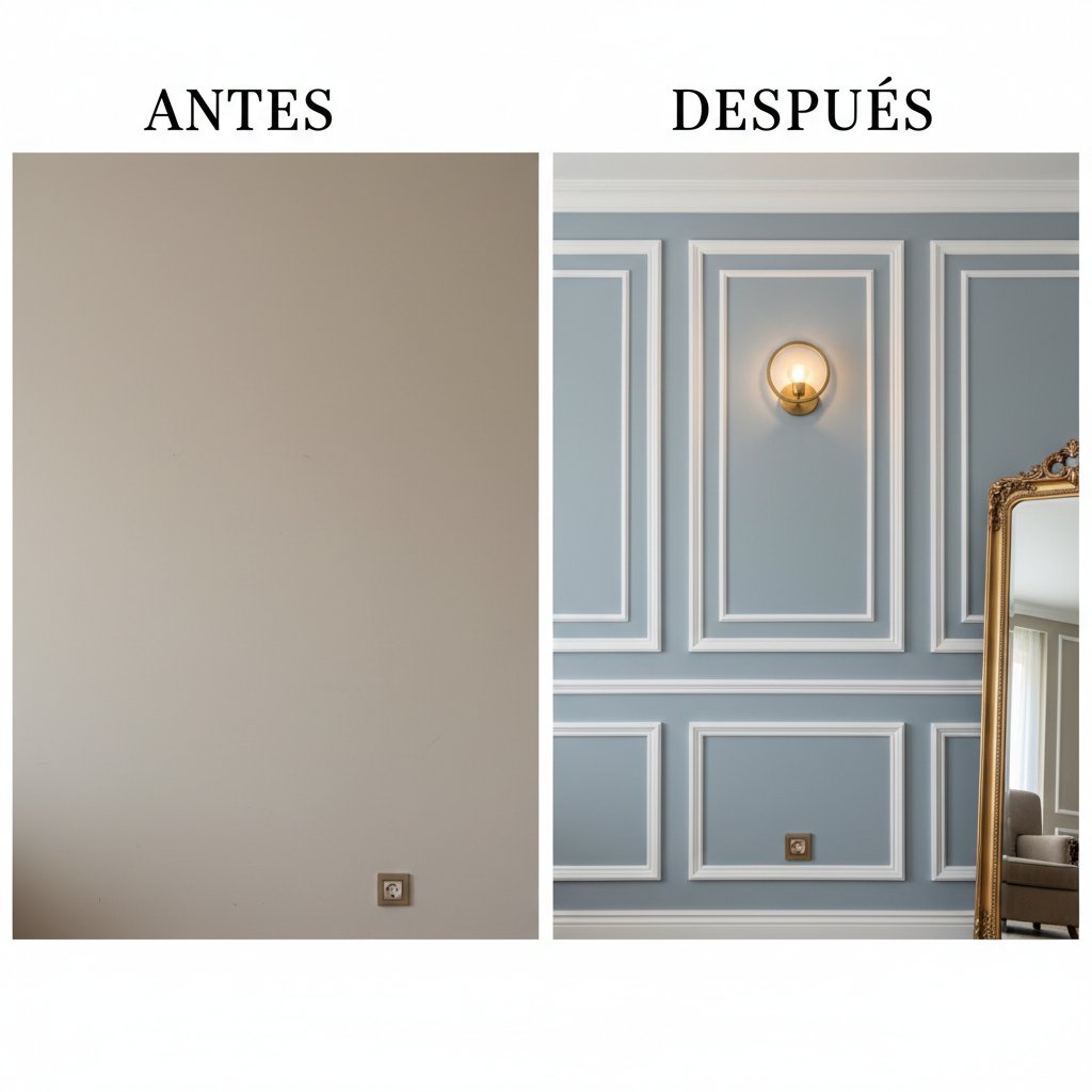 Un collage de antes y después de una pared transformada con molduras francesas de poliestireno, destacando la mejora estética