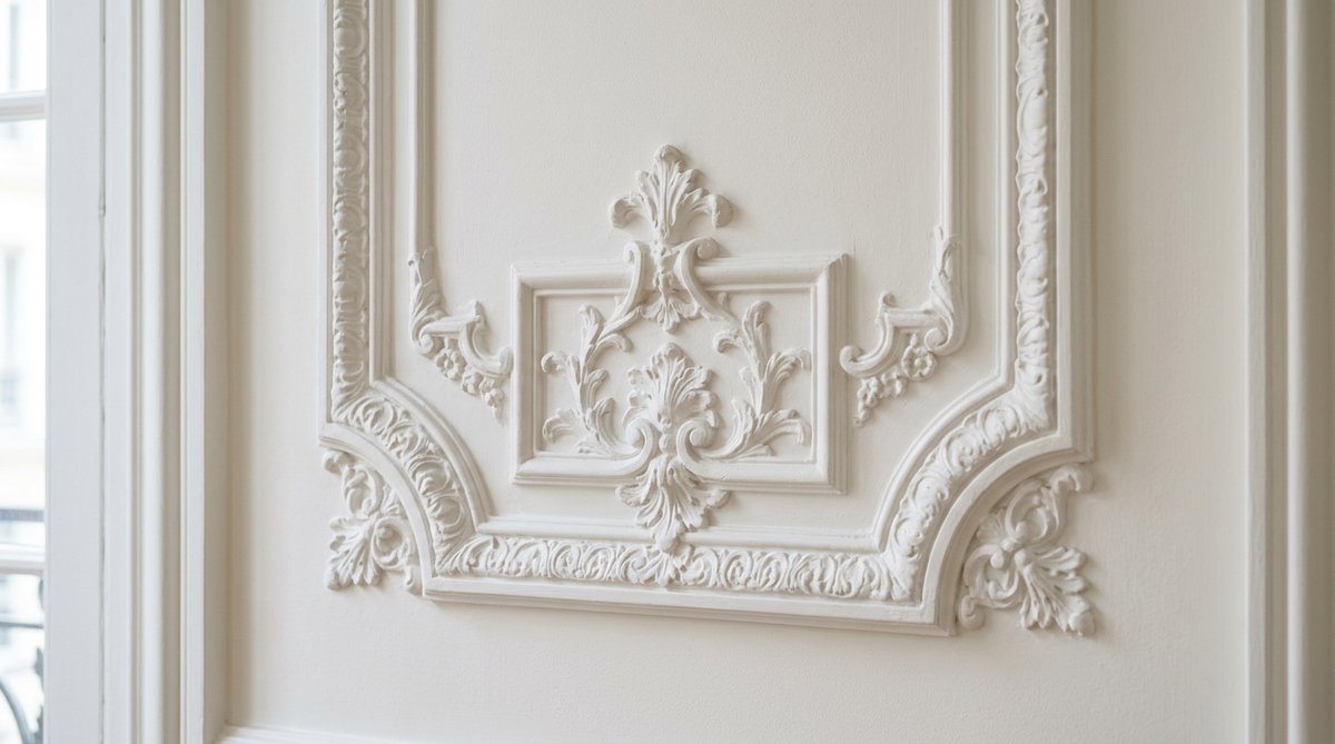 Moldura pared francesa para sala estar: Detalle intrincado y textura del diseño.
