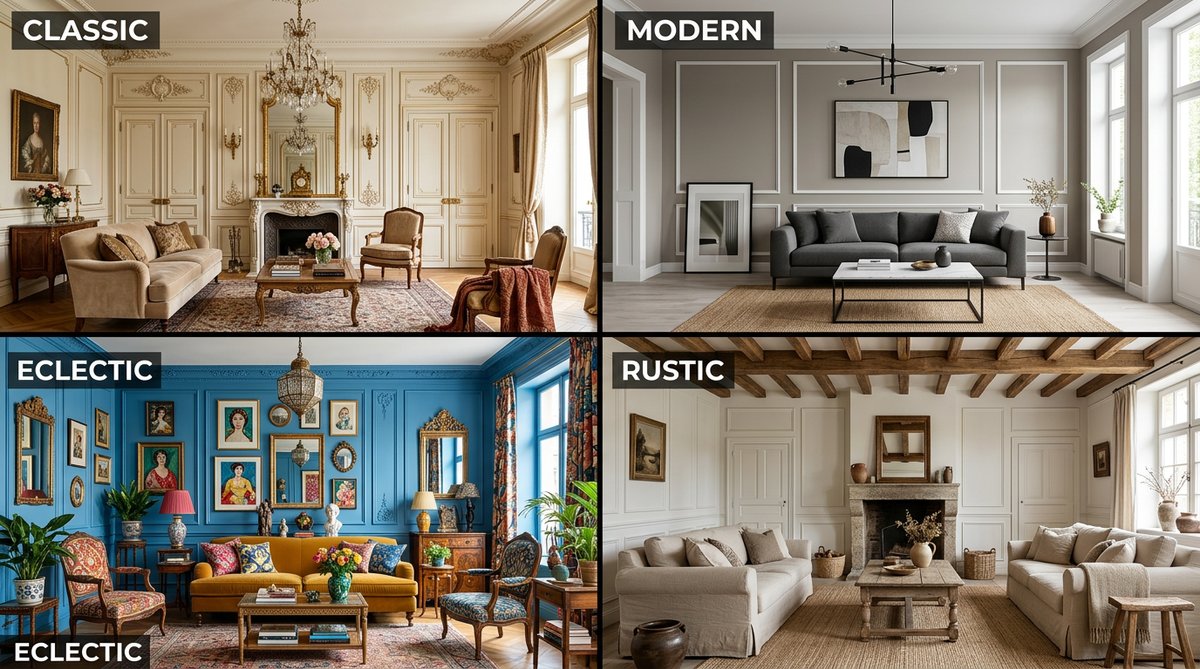 Moldura pared francesa para sala estar: 4 estilos (clásico, moderno, ecléctico, rústico)