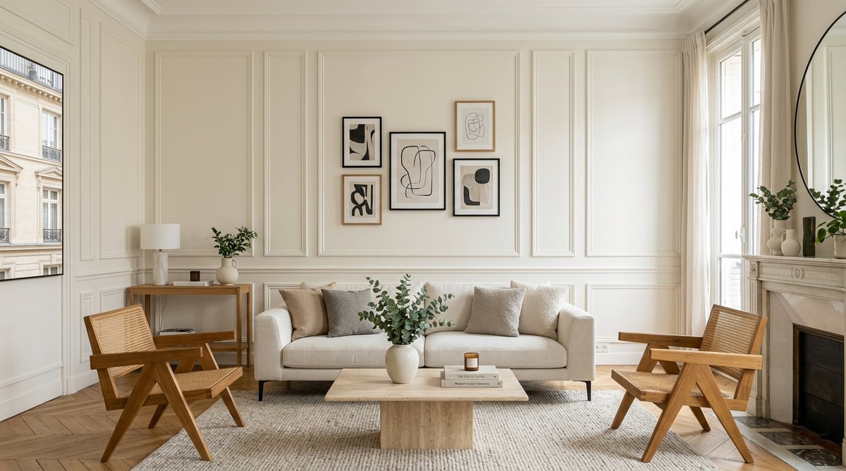 Moldura pared francesa para sala estar, diseño moderno y limpio.