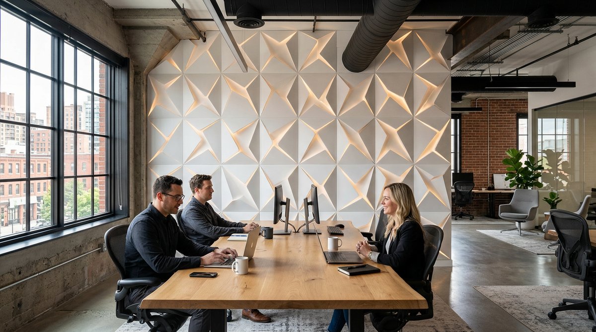 Panel 3D PVC industrial para paredes con iluminación LED. Diseño moderno y vanguardista para espacios industriales.