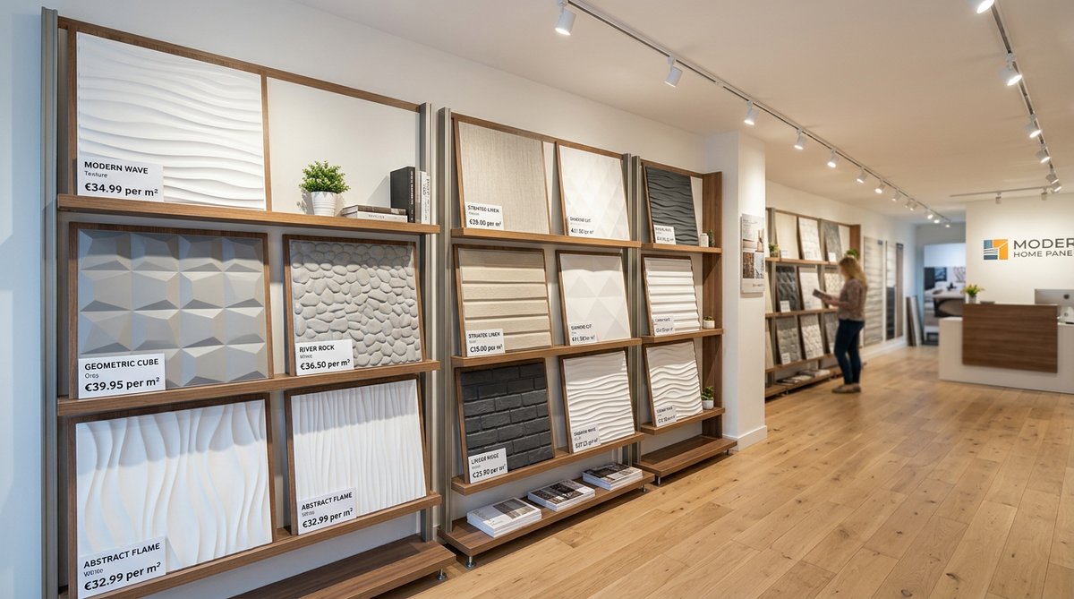 Panel 3D PVC industrial para paredes showroom. Textured wall panels with prices & descriptions.