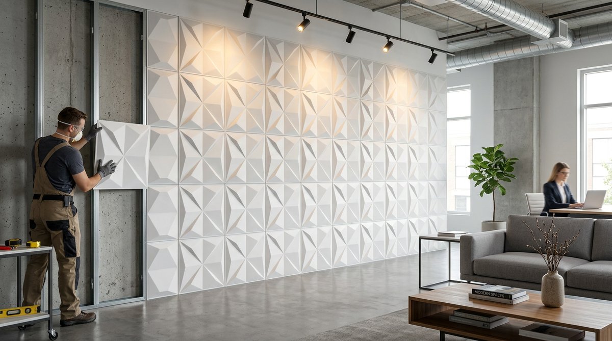 Panel 3D PVC industrial para paredes: Modern, clean design illustration for industrial wall cladding.