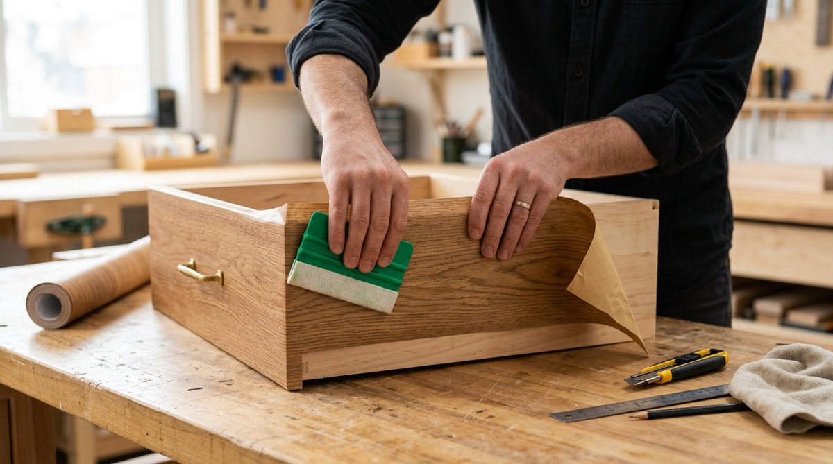 Papel adhesivo tipo madera para muebles aplicado a cajón. Manos alisan el papel con herramienta.