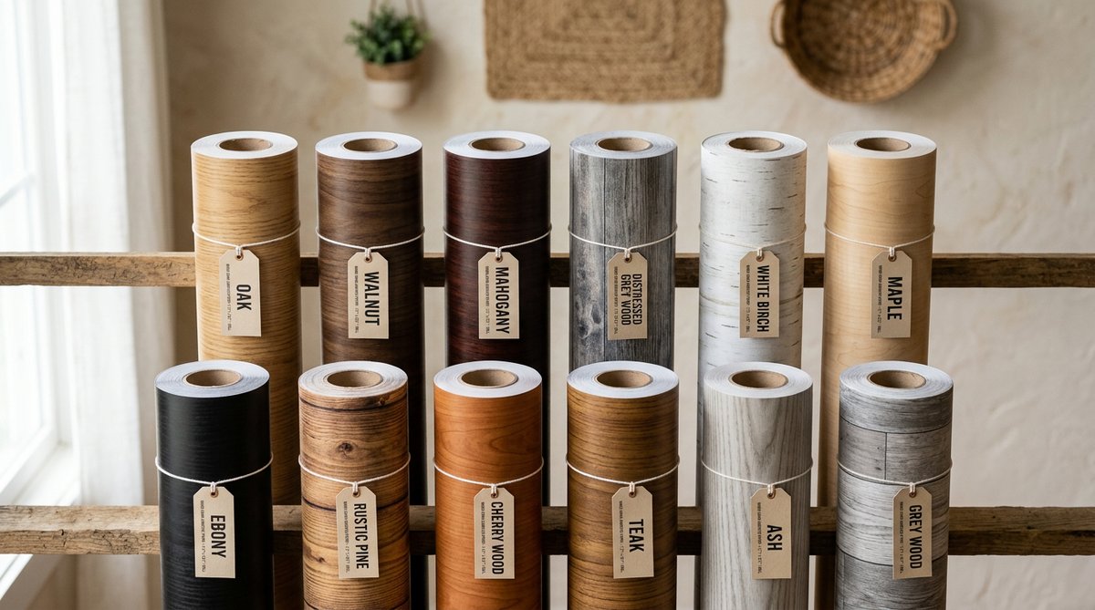 Papel adhesivo tipo madera para muebles: Variedad de diseños y colores en rollos.