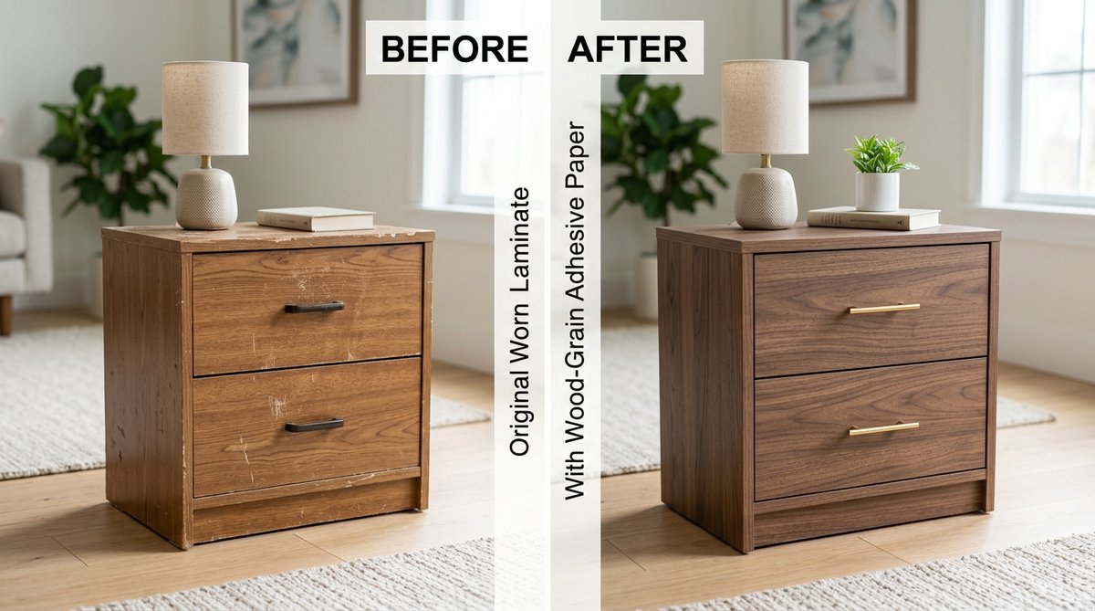 Papel adhesivo tipo madera para muebles: Before & after furniture transformation.