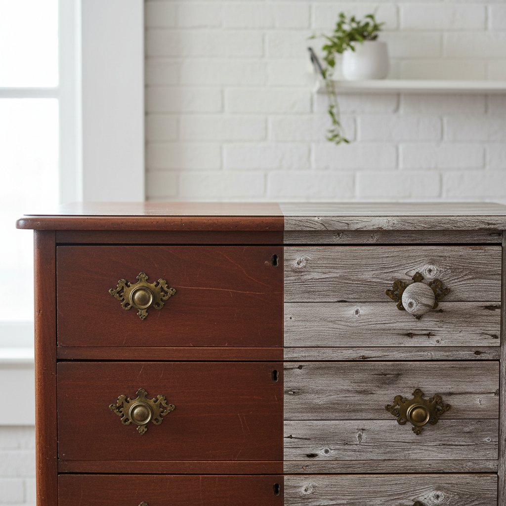 A old wooden dresser with half of its drawers covered in rustic wood adhesive paper, showing a stark before-and-after contras