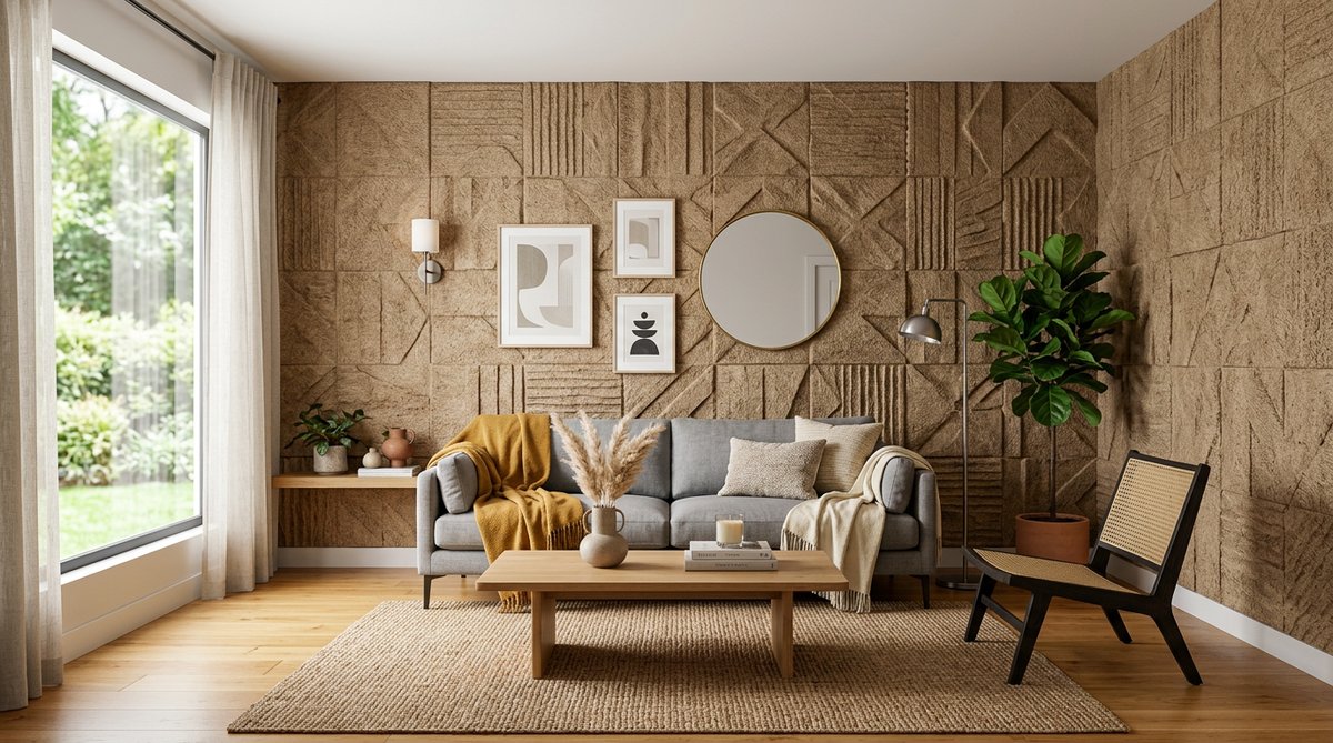 Paredes 3D Fibra Vegetal rústico living room. Modern furniture & decor with textured plant fiber feature wall.