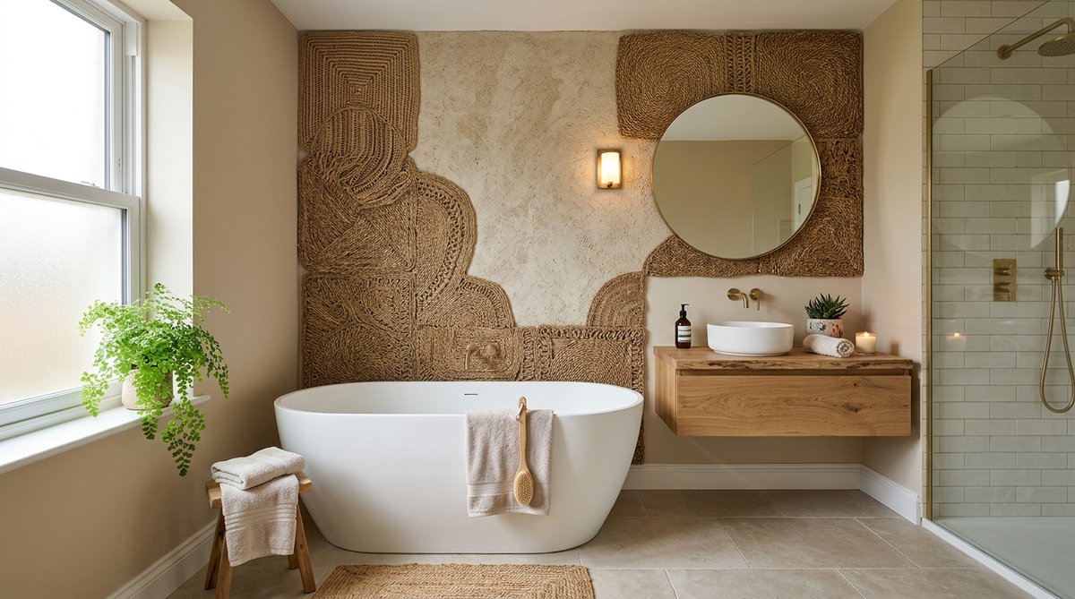 Paredes 3D Fibra Vegetal rústico bathroom. Spa-like design with textured plant fiber wall panels.