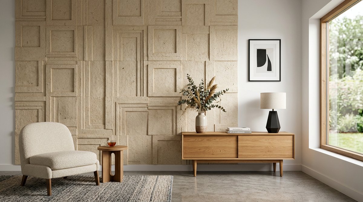 Paredes 3D Fibra Vegetal rústico: Modern, clean design illustration for wall decor.