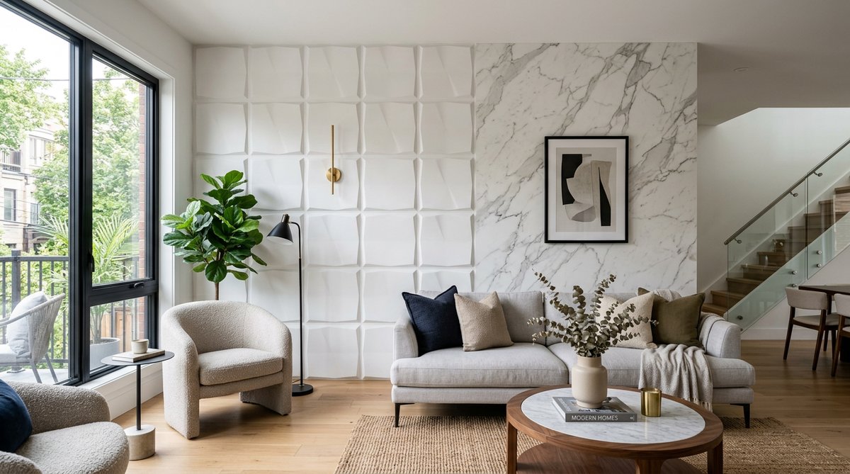 Paredes 3D vs Papel tapiz: Modern living room with textured wall panels and marble wallpaper.