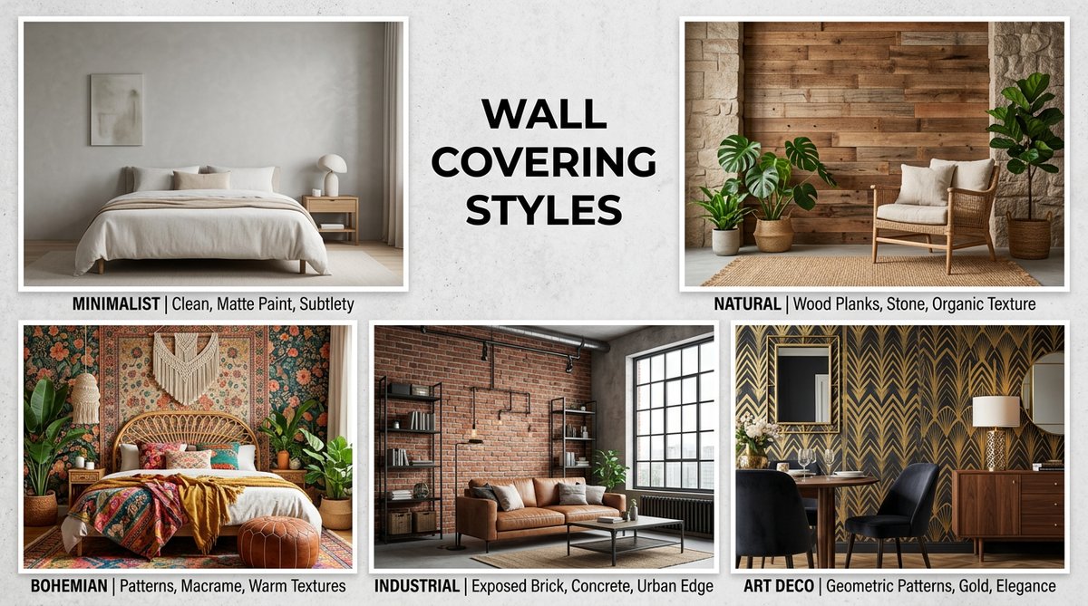 Paredes 3D vs Papel tapiz: Wall covering styles collage. Minimalist, natural, industrial, bohemian, Art Deco.