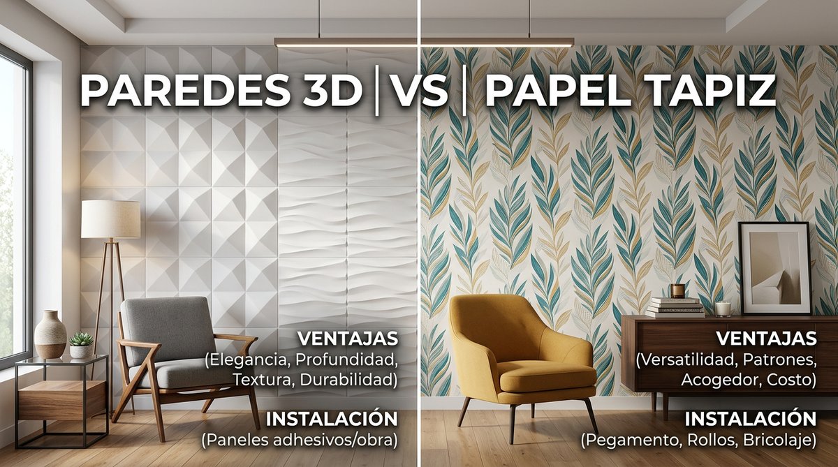 Paredes 3D vs Papel tapiz: Modern, clean design illustration for wall decor comparison.