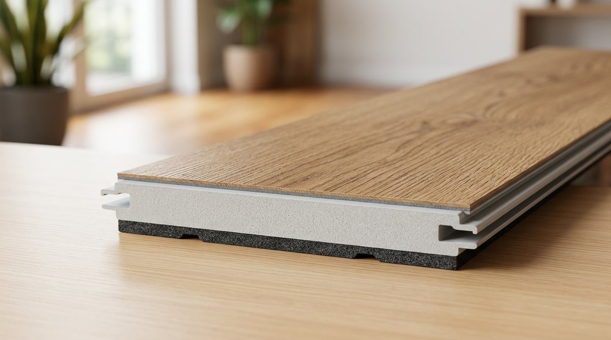 Piso SPC vs Laminado: Cross-section showing durable stone plastic composite (SPC) core.