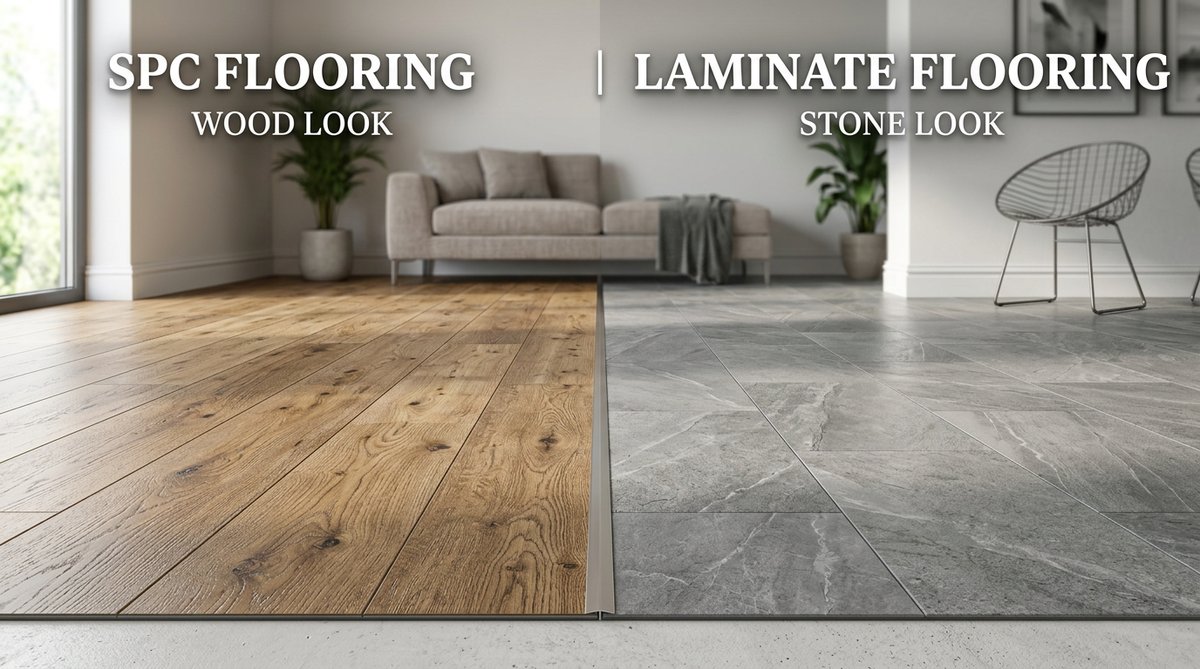 Piso SPC vs Laminado: Wood-look SPC flooring vs. Stone-look Laminate comparison.