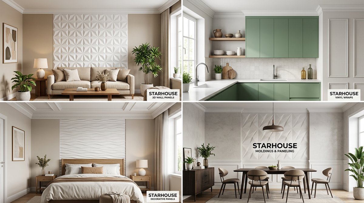 Starhouse products: 3D panels, moldings, vinyl wraps. Piso SPC vs Laminado options for stylish rooms.