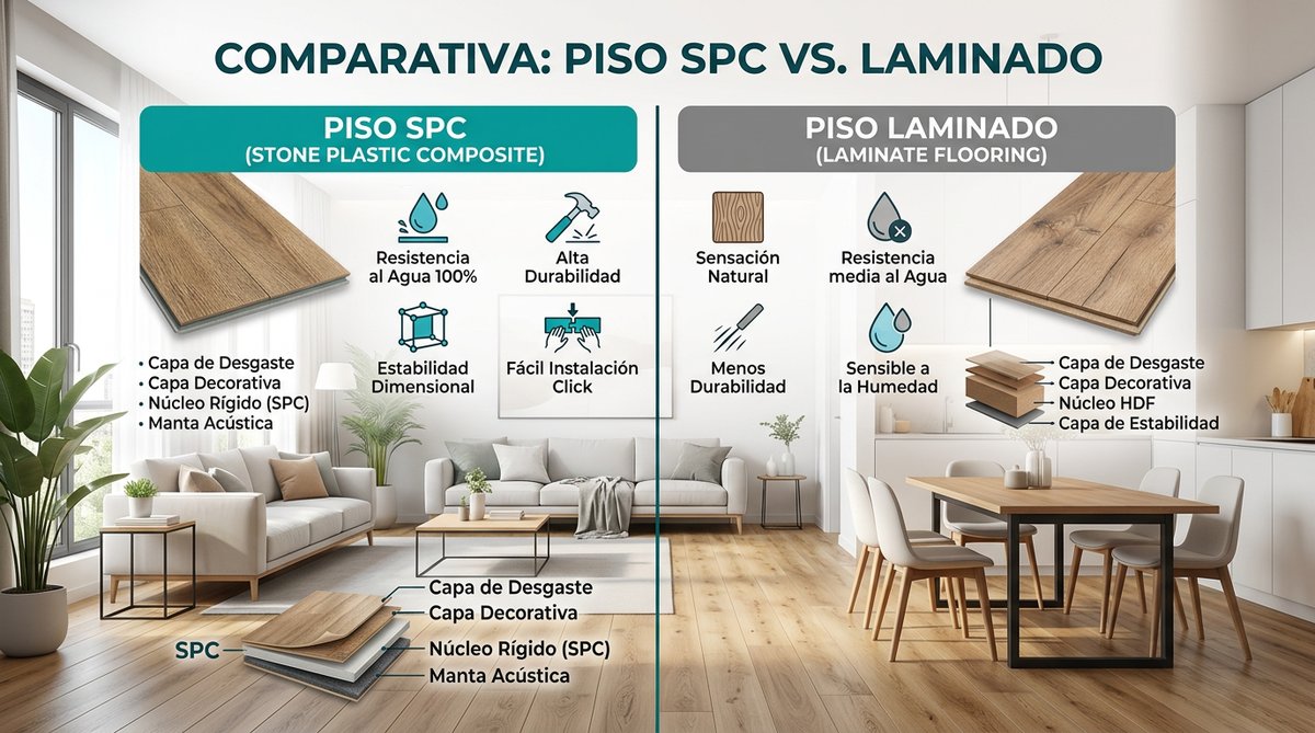 Piso SPC vs Laminado: Modern illustration comparing SPC and Laminate flooring options.