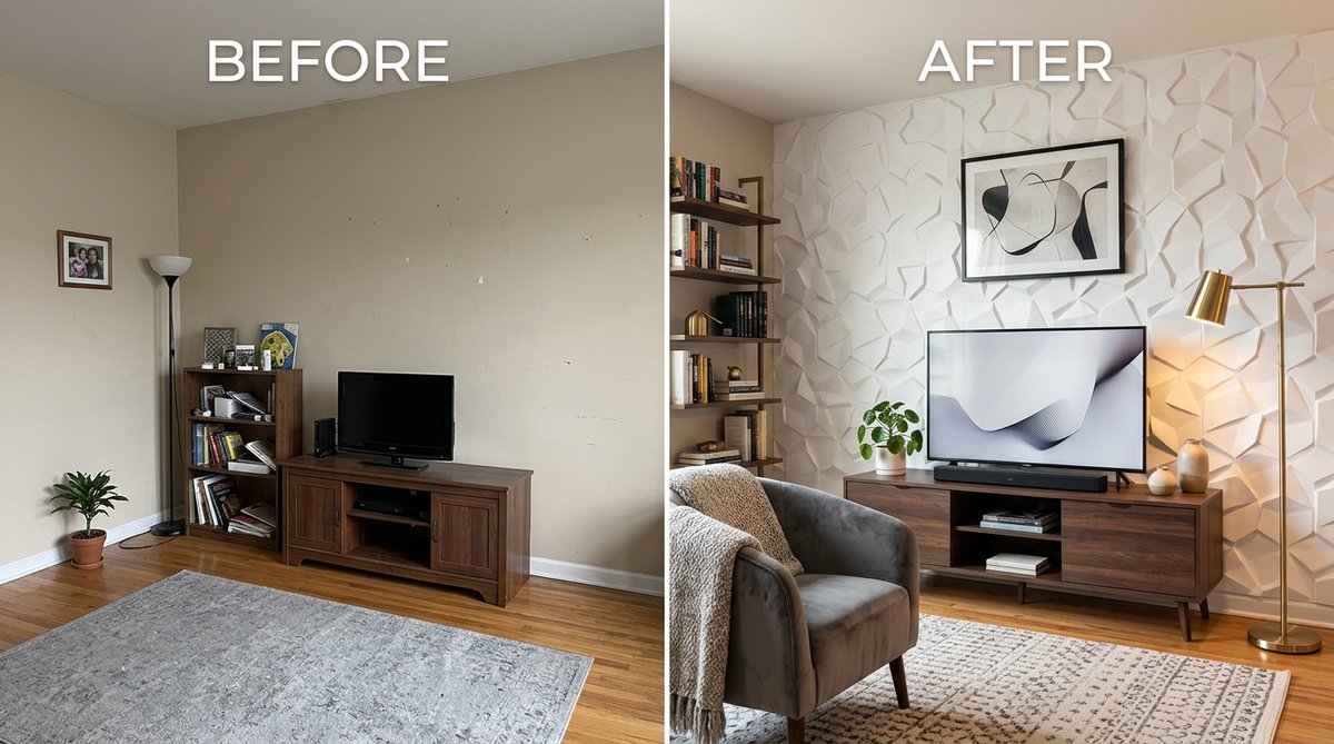 Qué Panel 3D comprar Colombia: Living room transformation before & after. 3D wall panels add texture and style.