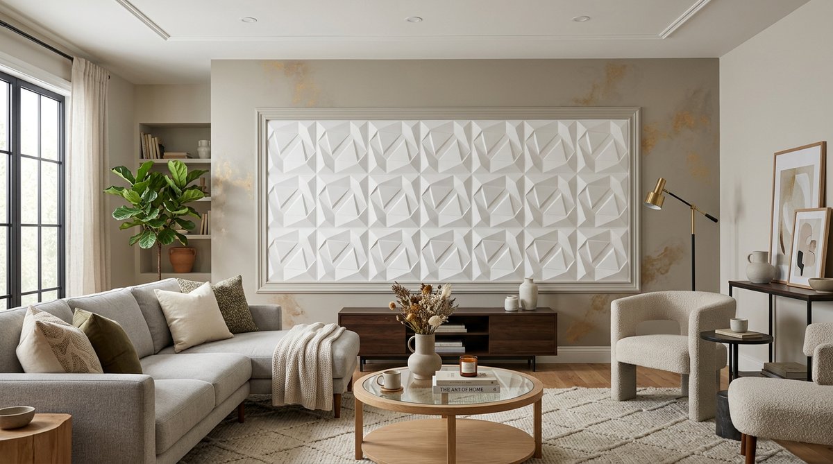 Qué Panel 3D comprar Colombia: Modern living room with 3D panels, moldings, and decorative paint.