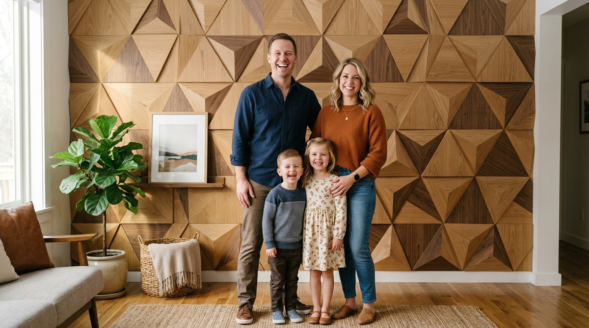 Familia feliz con qué Panel 3D comprar Colombia. Hogar cálido y acogedor.