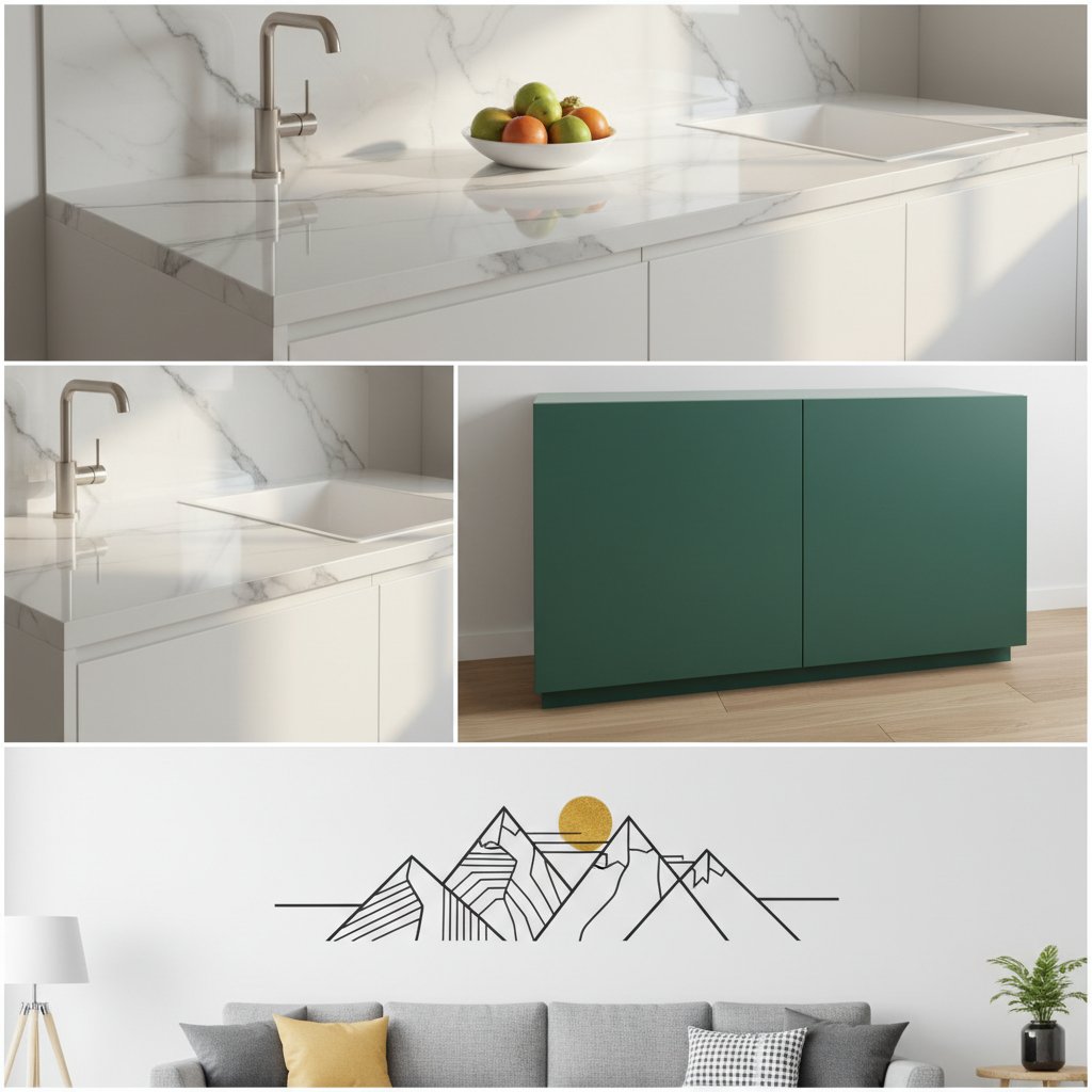 Un collage de diferentes tipos de vinilos adhesivos aplicados en varias superficies lisas: un vinilo efecto mármol en una enc