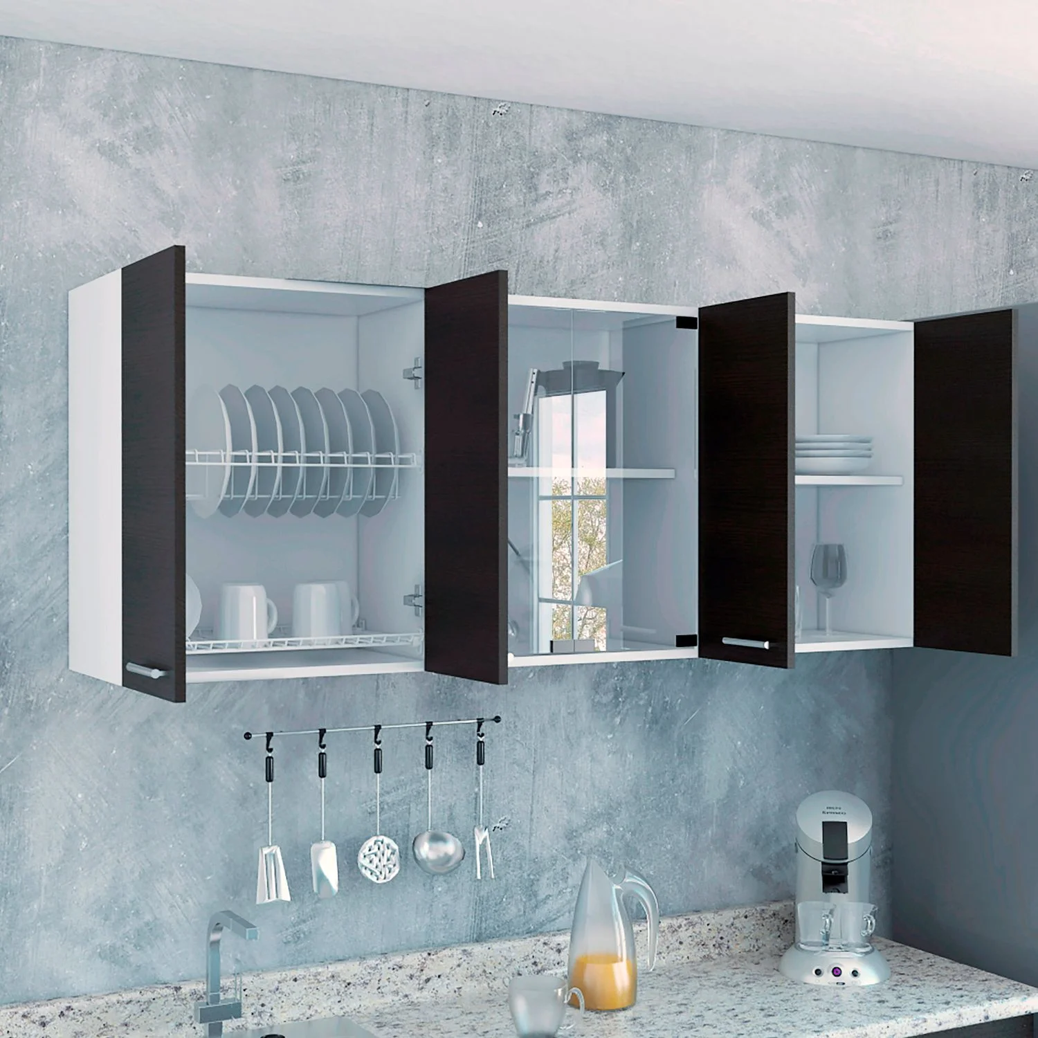 Gabinete Superior Cocina 150 Vidrio RTA Blanco + Wengue - Imagen 2