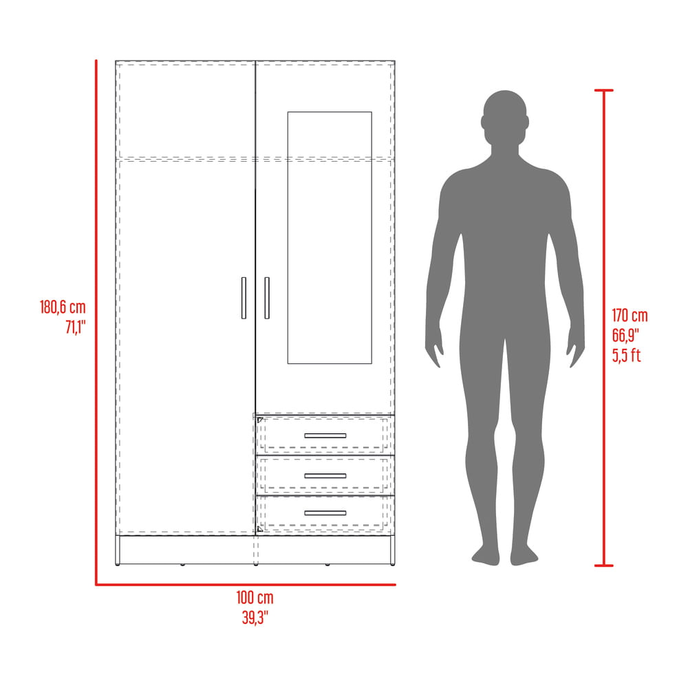 Closet 2P 3C con Espejo 180X100X48 RTA Wengue - Imagen 9