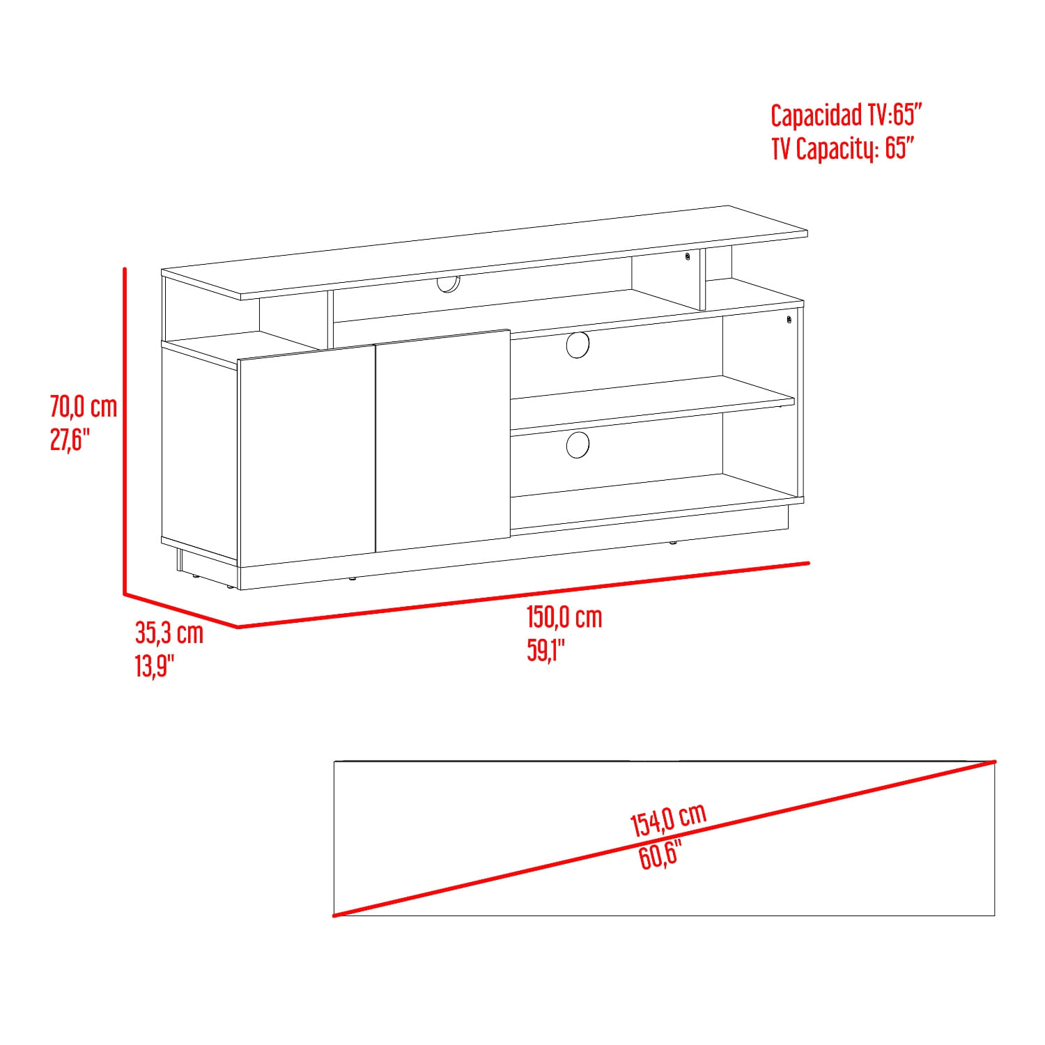 Mesa de TV Hope 65" 70X150X35 RTA Fresno Capri - Imagen 9