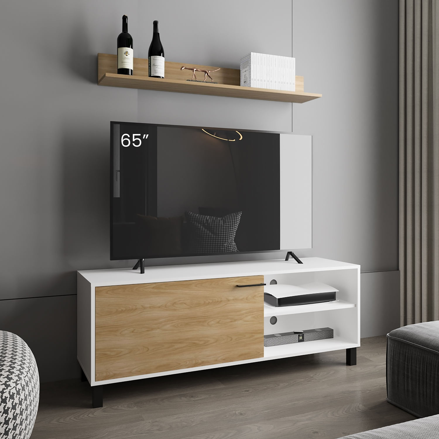 Rack Tv Bryce 55" + Repisa 53X140X40 RTA Blanco Fresno - Imagen 2