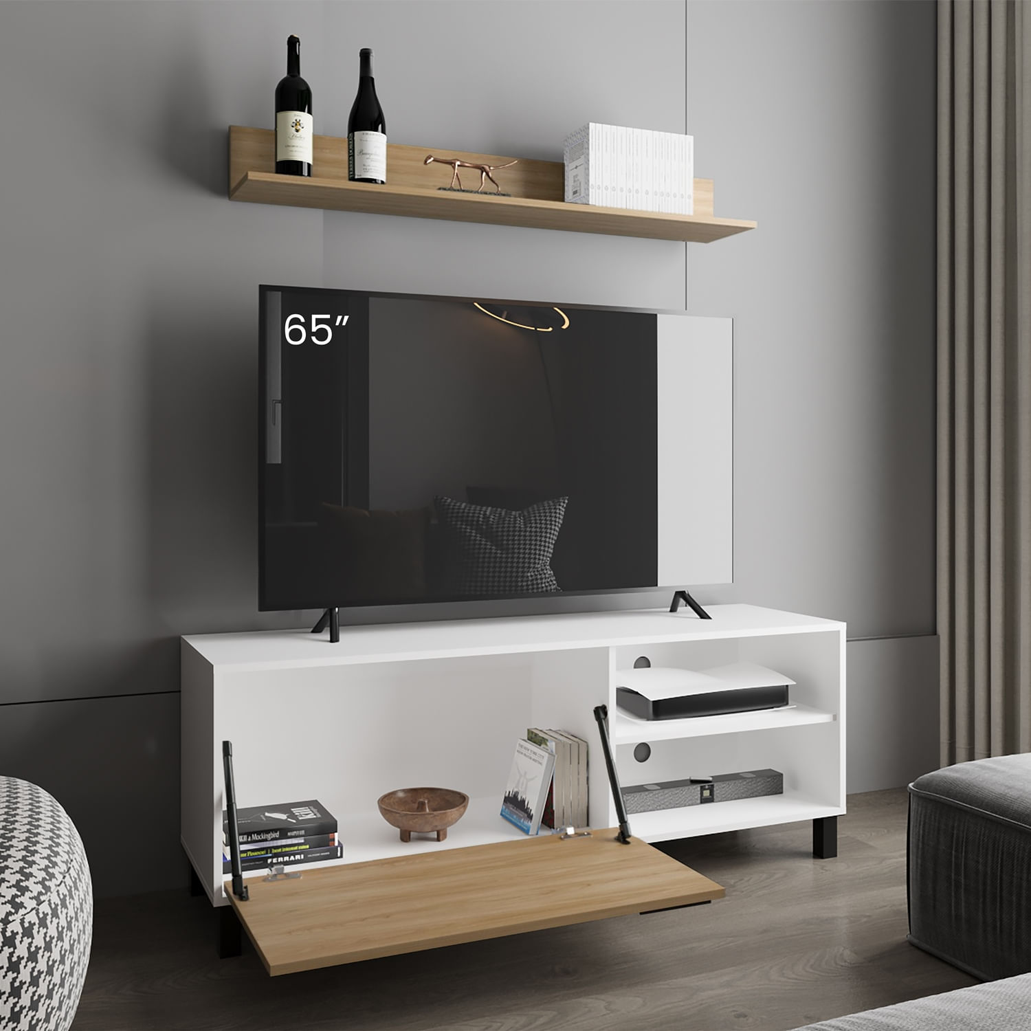Rack Tv Bryce 55" + Repisa 53X140X40 RTA Blanco Fresno - Imagen 3