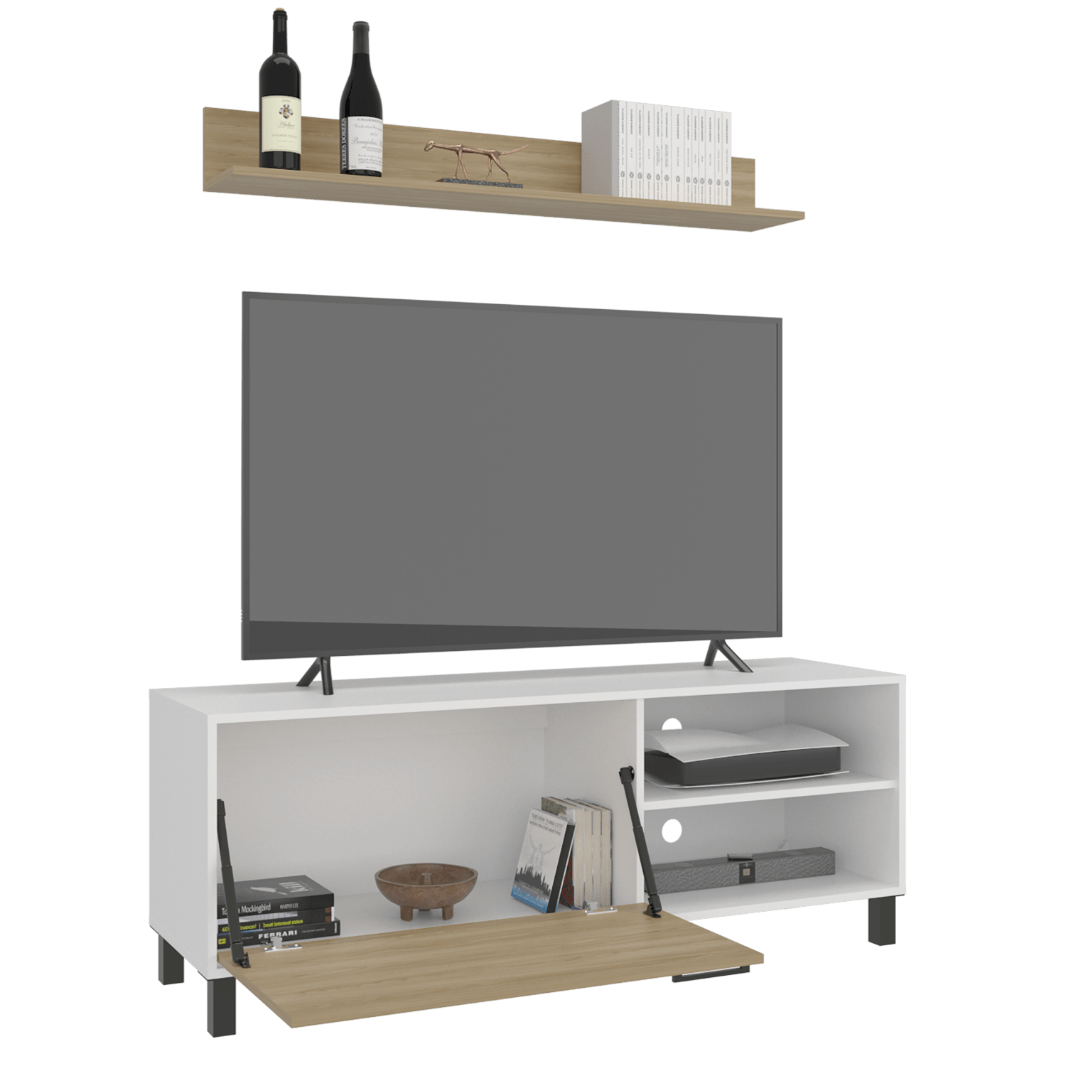 Rack Tv Bryce 55" + Repisa 53X140X40 RTA Blanco Fresno - Imagen 1