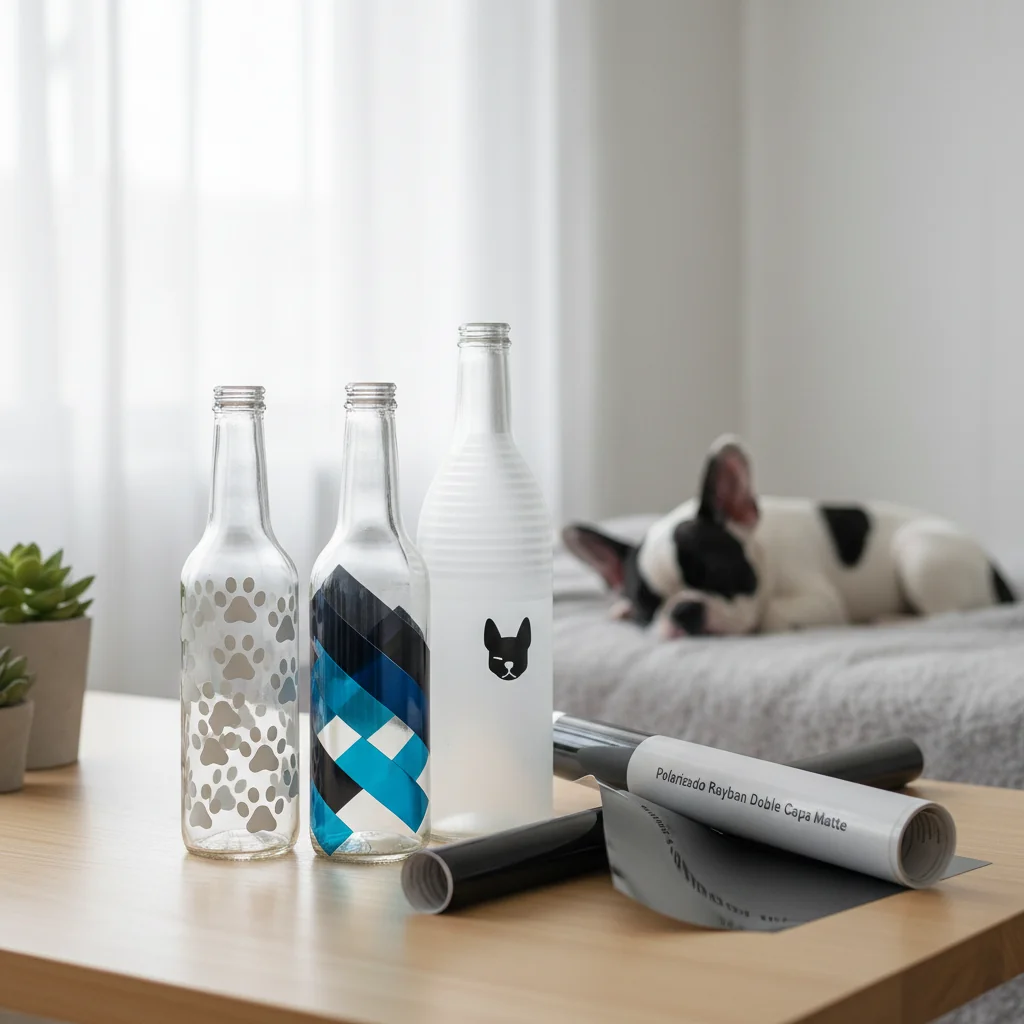 botellas de vidrio con vinilos n/d — alimento natural para mascotas en Colombia