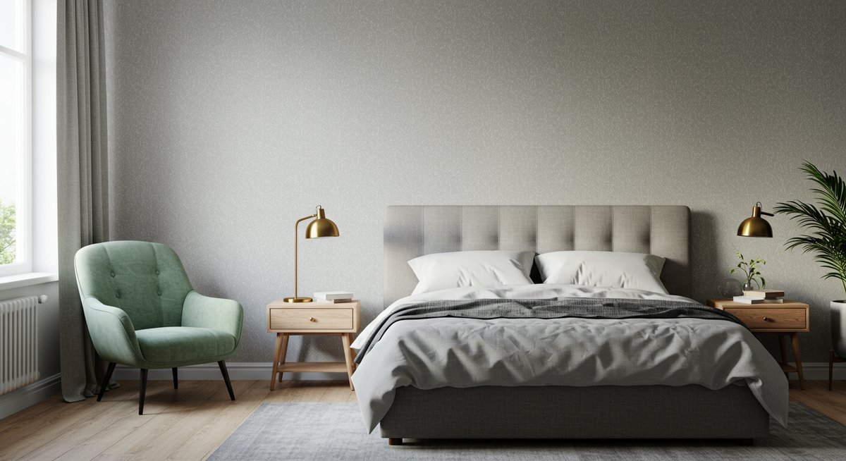 Stylish bedroom with decorative wallcovering.