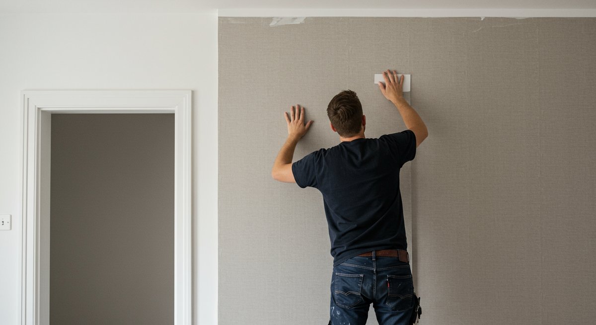 Professional installing wallpaper in a home.